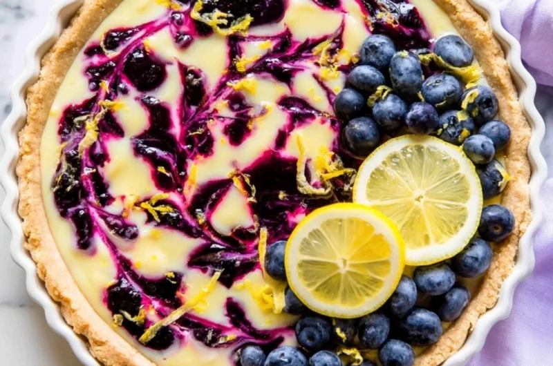 Creamy lemon tart with a drizzle of blueberry sauce on top