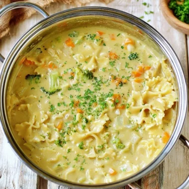 Creamy vegan pasta soup served in a bowl with fresh herbs on top.