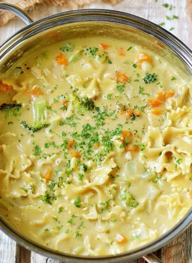 Creamy vegan pasta soup served in a bowl with fresh herbs on top.