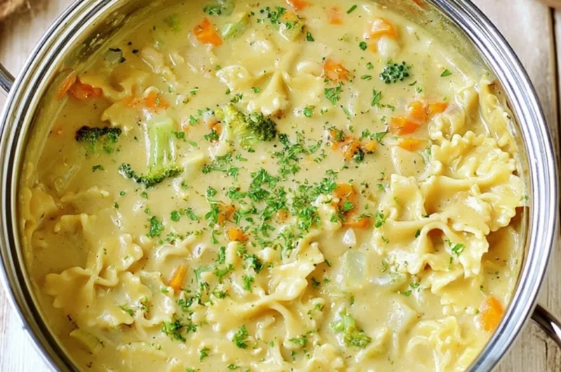 Creamy vegan pasta soup served in a bowl with fresh herbs on top.