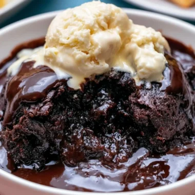 Delicious crockpot pudding brownies topped with chocolate drizzle and nuts.