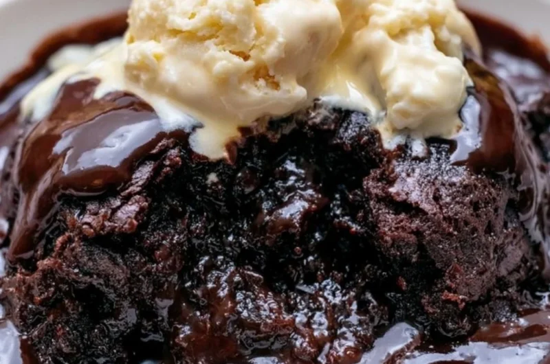 Delicious crockpot pudding brownies topped with chocolate drizzle and nuts.