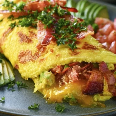 Keto avocado and bacon stuffed omelette with fresh ingredients