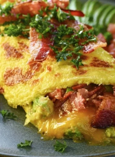Keto avocado and bacon stuffed omelette with fresh ingredients
