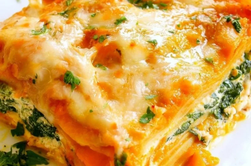 Cozy vegetarian pumpkin spinach lasagna with layers of cheese and herbs