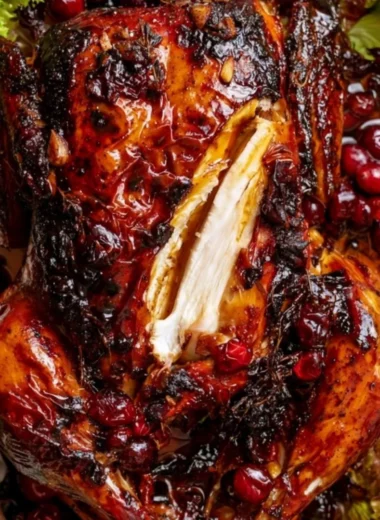 Whole roast chicken with cranberry-maple glaze served on a festive table.