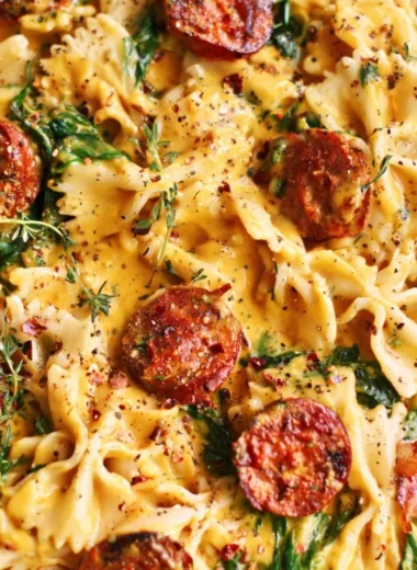 Creamy acorn squash pasta with sausage and spinach served in a bowl