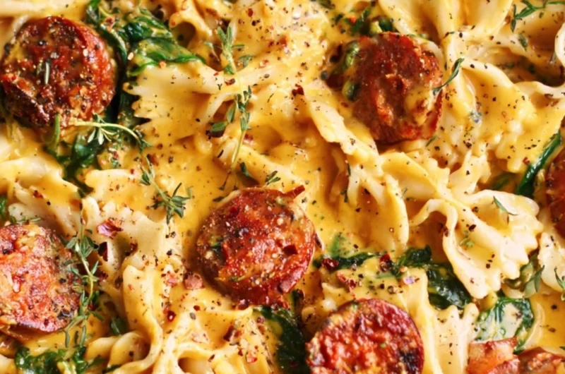 Creamy acorn squash pasta with sausage and spinach served in a bowl