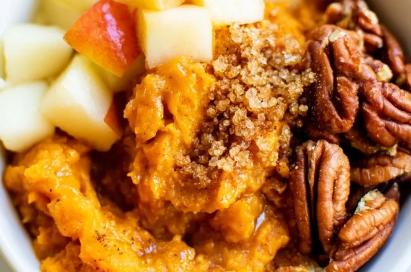 Sweet potato breakfast bowl with pecans and apples for a healthy meal.